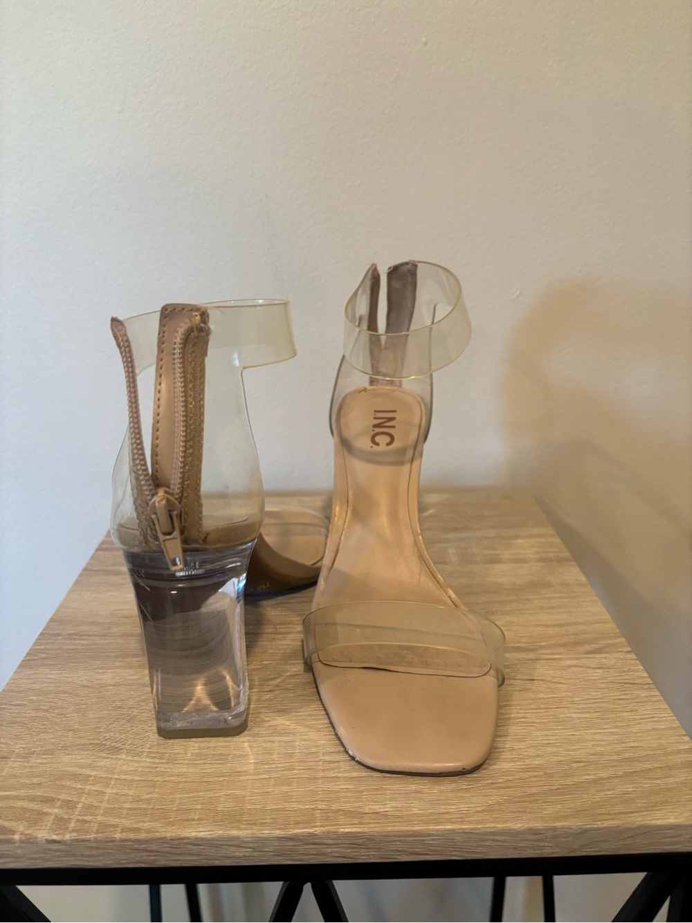 INC International Concepts Clear Strap Block Heel Sandals in Nude